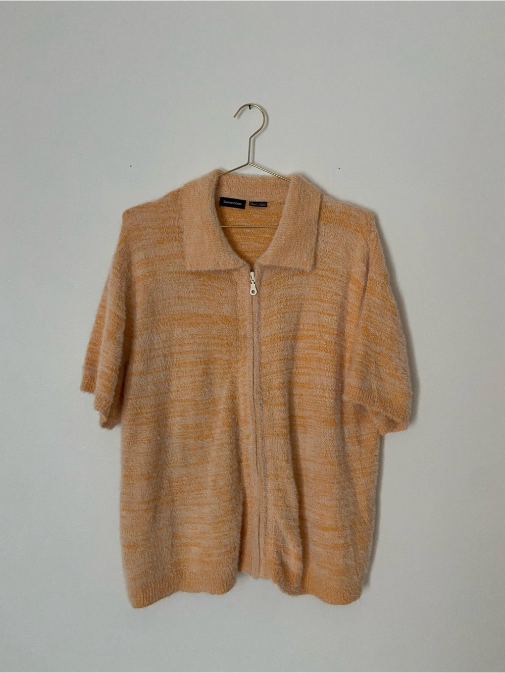 Zip-Front Short-Sleeve Knit Cardigan in Peach